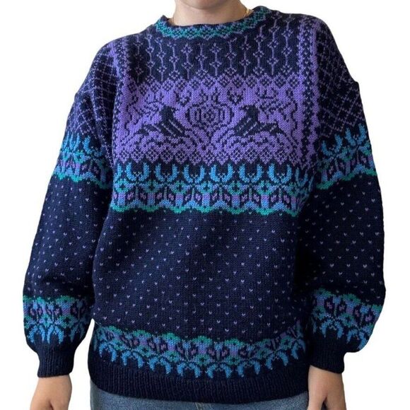 Vintage Hand Knit Reindeer Stag Navy Blue Wool Norwegian Fair Isle Sweater Sz L - Picture 8 of 8
